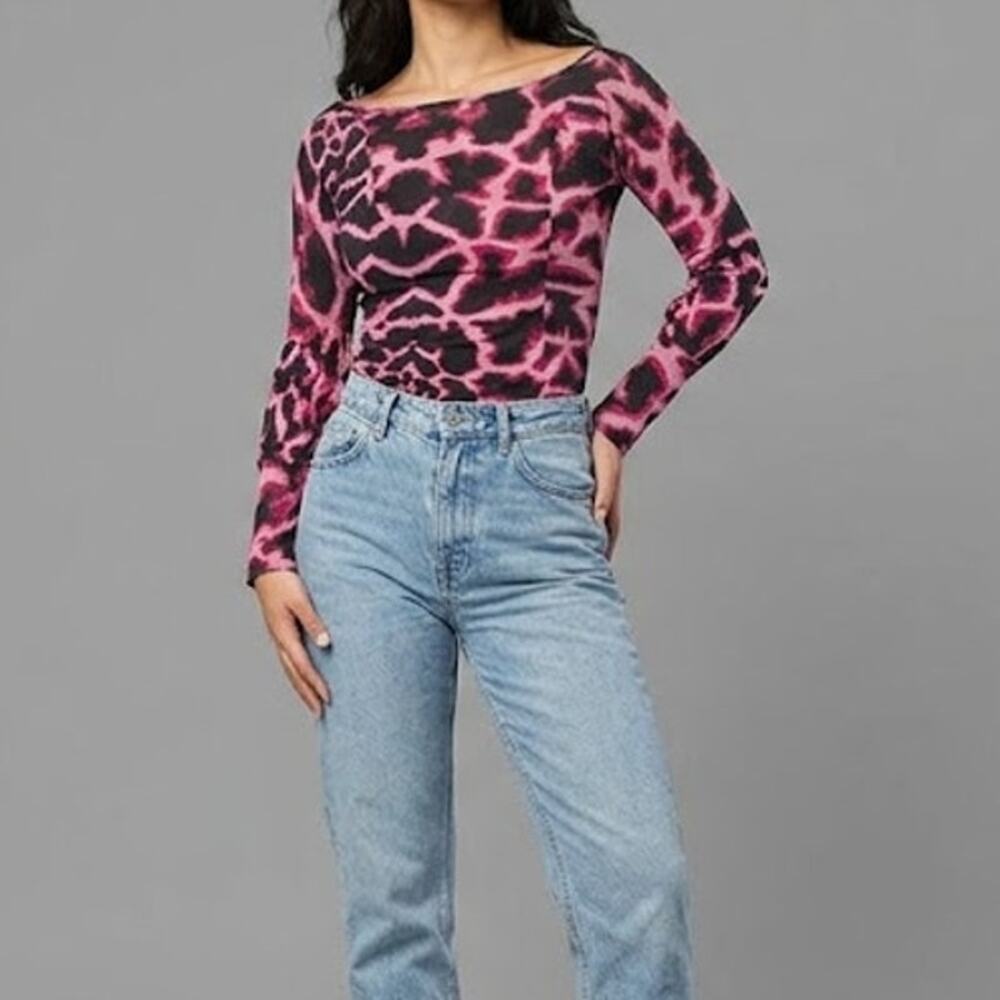 Just Cavalli Pink Leopard Mesh Top S Boat Neck Sheer Second Skin Archival Y2K